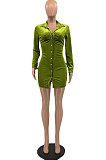 Green Autumn New Long Sleeve Single-Breasted Ruffle Slim Fitting Shirt Dress KSN88010-3