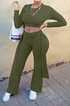 Dark Green Women Cotton Blend Solid Color Long Sleeve Round Collar Bandage Casual Sport Pants Sets JZH8082-3