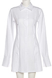 White Women Long Sleeve Solid Color Fashion Turn-Down Collar Single-Breasted Tight Hip T Shirt/Shirt Dress YME03727