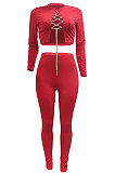 Red Autumn Winter Sexy Pure Color Casual Round Collar Chain Ribber Long Sleeve Pants Sets JP1051-2