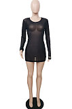 Black Sexy Mesh See-Through Long Sleeve Round Collar Solid Color Mini Dress YSH86263-2