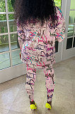 Purple Women Trendy Printing Long Sleeve Round Collar Casual Pants Sets KKY80056-2