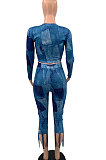Blue Euramerican Women Fashion Printing Tassel Long Sleeve Pants Sets KKY80049-1