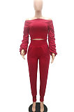 Wine Red Women Lantern sleeve Pure Color Bodycon Fashion A Word Shoulder Elastic Force Pants Sets MR2117-5