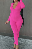 Rose Red Cotton Blend Long Sleeve Zip Front Slim Fitting Solid Color Bodycon Jumpsuits YSH86261-1