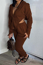 Dark Brown Euramerican Pure Color Zipper Hooded Lady Long Sleeve Long Pants Casual Sport Two-Pieces KZ2136-3