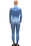 Blue Women Fashion Autumn Winter Sexy Stand Collar Tight Printing Long Sleeve Milk Silk Zipper Bodycon Jumpsuits MR2116-1