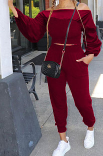 Wine Red Women Lantern sleeve Pure Color Bodycon Fashion A Word Shoulder Elastic Force Pants Sets MR2117-5