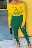 Green Cotton Blend Print A Wrod Shoulder Long Sleeve T-Shirt Sweat Pants Two-Piece LSN7118-2