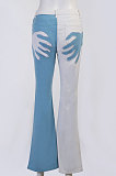 Light Blue Contrast Color Palm Tight High Waist Spliced Sexy Jeans Pants FLY21444-2