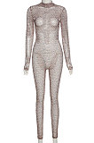 Brown Women Printing Tight Hip Raising Stand Collar Long Sleeve High Waist Bodycon Jumpsuits SX09526