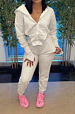 Khaki Euramerican Pure Color Zipper Hooded Lady Long Sleeve Long Pants Casual Sport Two-Pieces KZ2136-4