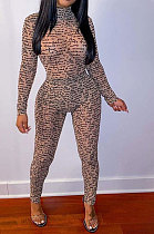 Brown Women Printing Tight Hip Raising Stand Collar Long Sleeve High Waist Bodycon Jumpsuits SX09526