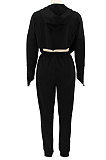 Black Euramerican Pure Color Zipper Hooded Lady Long Sleeve Long Pants Casual Sport Two-Pieces KZ2136-1