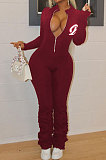 Wine Red Logo Print Long Sleeve Zip Front Collcet Waist Pure Color Bodycon Jumpsuits LSZ9045-2