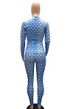 Black Women Fashion Autumn Winter Sexy Stand Collar Tight Printing Long Sleeve Milk Silk Pants Sets MR2115-2