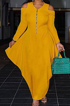 Yellow New Autumn Long Sleeve Off Shoulder Zip Front Loose Lantern Dress ZQ8121-3