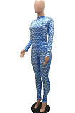 Blue Women Fashion Autumn Winter Sexy Stand Collar Tight Printing Long Sleeve Milk Silk Zipper Pants Sets MR2115-4