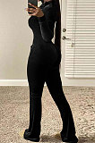 Black Wholesale Velvet Long Sleeve Zip Front Hoodie Flare Wide Leg JumpsuitsYX9297-2