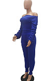 Blue Women Lantern sleeve Pure Color Bodycon Fashion A Word Shoulder Elastic Force Pants Sets MR2117-4
