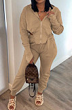Dark Brown Euramerican Pure Color Zipper Hooded Lady Long Sleeve Long Pants Casual Sport Two-Pieces KZ2136-3