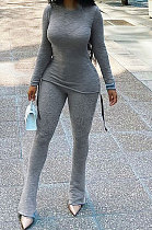 Gray Euramerican Women Trendy Drawsting Long Sleeve Tops Bodycon Solid Color Tiny Flared Pants Sets KLK186110-2