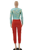 Red New Personality Print Long Sleeve Round Collar Slim Fitting Top LSZ9057-1