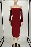 Wine Red Euramerican Fashion Women Sexy A Word Shoulder Solid Color Strapless Mid Dress NL6092-1