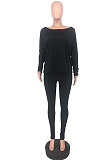 Black Simple Long Sleeve Loose Top Bodycon Pants Casual Two-Piece LSN7119-2