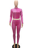 Rose Red Women Fashion Autumn Winter Sexy Stand Collar Tight Printing Long Sleeve Milk Silk Pants Sets MR2115-3