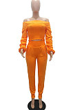 Orange Women Lantern sleeve Pure Color Bodycon Fashion A Word Shoulder Elastic Force Pants Sets MR2117-1