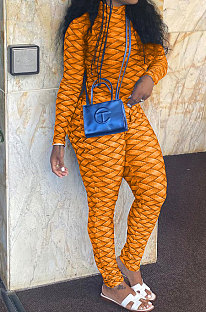 Orange Women Fashion Autumn Winter Sexy Stand Collar Tight Printing Long Sleeve Milk Silk Zipper Bodycon Jumpsuits MR2116-2