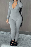 Blue Cotton Blend Long Sleeve Zip Front Slim Fitting Solid Color Bodycon Jumpsuits YSH86261-3