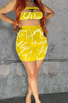 Yellow Modest Letter Print Strapless High Waist Shorts Two-Piece LSN7117-2