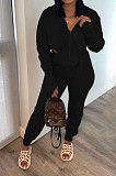 Khaki Euramerican Pure Color Zipper Hooded Lady Long Sleeve Long Pants Casual Sport Two-Pieces KZ2136-4