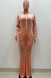 Orange Wholesale Velvet Long Sleeve Zip Front Hoodie Flare Wide Leg Jumpsuits YX9297-1
