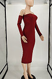 Wine Red Euramerican Fashion Women Sexy A Word Shoulder Solid Color Strapless Mid Dress NL6092-1