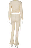 Khaki Euramerican Women Trendy Drawsting Long Sleeve Tops Bodycon Solid Color Tiny Flared Pants Sets KLK186110-1