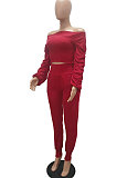 Rose Red Women Lantern sleeve Pure Color Bodycon Fashion A Word Shoulder Elastic Force Pants Sets MR2117-3
