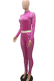 Rose Red Women Fashion Autumn Winter Sexy Stand Collar Tight Printing Long Sleeve Milk Silk Pants Sets MR2115-3