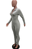 Blue Cotton Blend Long Sleeve Zip Front Slim Fitting Solid Color Bodycon Jumpsuits YSH86261-3