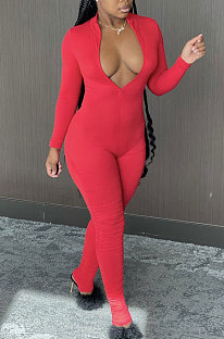 Red Cotton Blend Long Sleeve Zip Front Slim Fitting Solid Color Bodycon Jumpsuits YSH86261-2