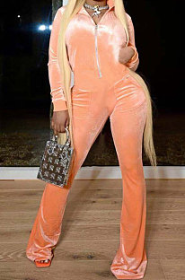 Orange Wholesale Velvet Long Sleeve Zip Front Hoodie Flare Wide Leg Jumpsuits YX9297-1