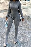 Khaki Euramerican Women Trendy Drawsting Long Sleeve Tops Bodycon Solid Color Tiny Flared Pants Sets KLK186110-1