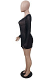 Apricot Sexy Mesh See-Through Long Sleeve Round Collar Solid Color Mini Dress YSH86263-1