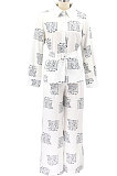 White Women Autumn Winter Irregular Printing Lady Shirts Casual Loose With Waistband Pants Sets KZ2135-1