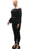 Black Women Lantern sleeve Pure Color Bodycon Fashion A Word Shoulder Elastic Force Pants Sets MR2117-2