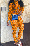 Orange Women Fashion Autumn Winter Sexy Stand Collar Tight Printing Long Sleeve Milk Silk Pants Sets MR2115-1
