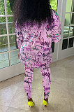 Purple Women Trendy Printing Long Sleeve Round Collar Casual Pants Sets KKY80056-2