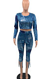 Blue Euramerican Women Fashion Printing Tassel Long Sleeve Pants Sets KKY80049-1